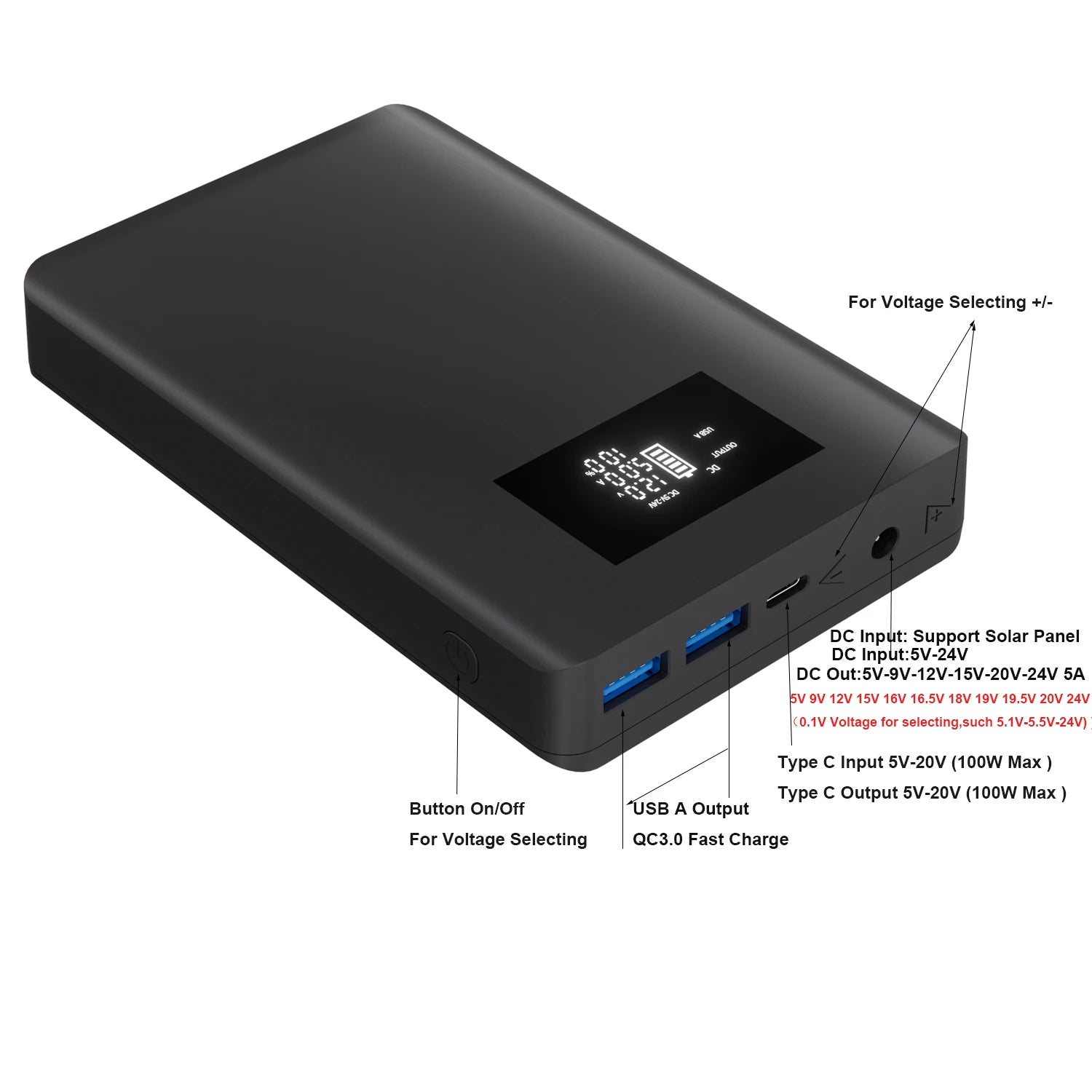 PD100W 20000Mah DC Output 5V 6V 9V 15V 16.5V19V 19.5V 20V 12V 24V 5amp Laptop Battery Bank for Laptop Drone CPAP Battery Backup