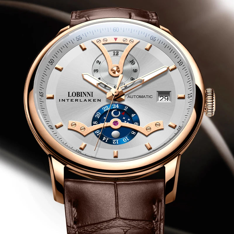 For LOBINNI High Quality Mechanical Men's Watch Famous Designer Brand Stainless Steel Leather Strap Year Date Display Classic