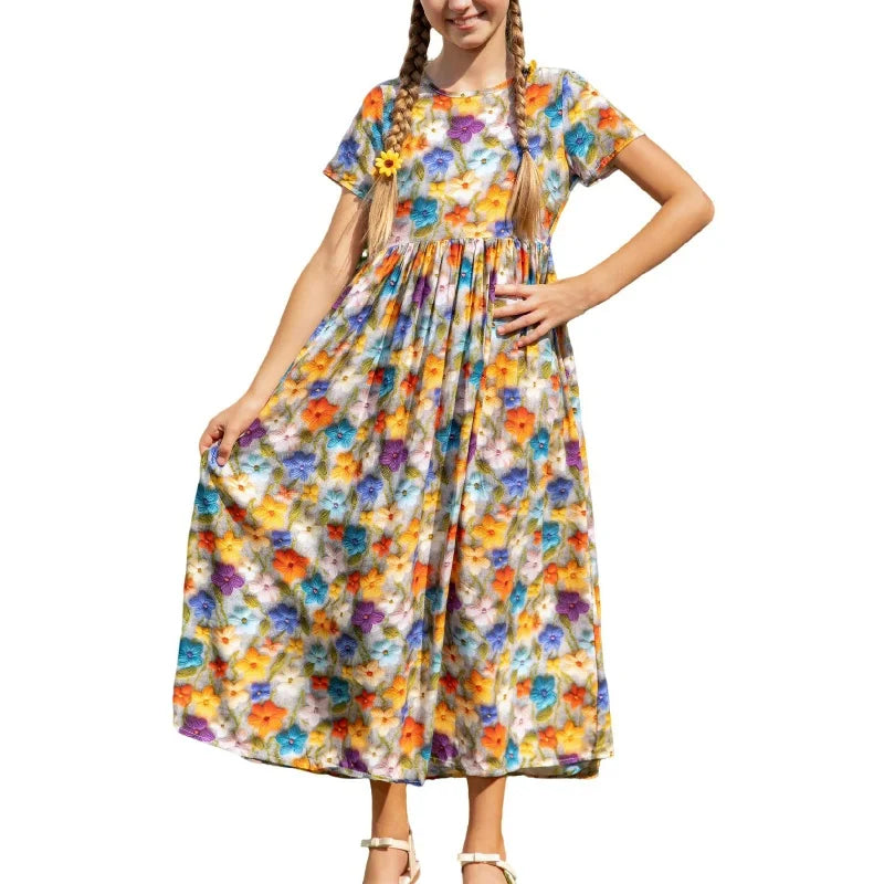 Short Summer Garden Party Elegant Midi Princess Oversized Dress for Girl