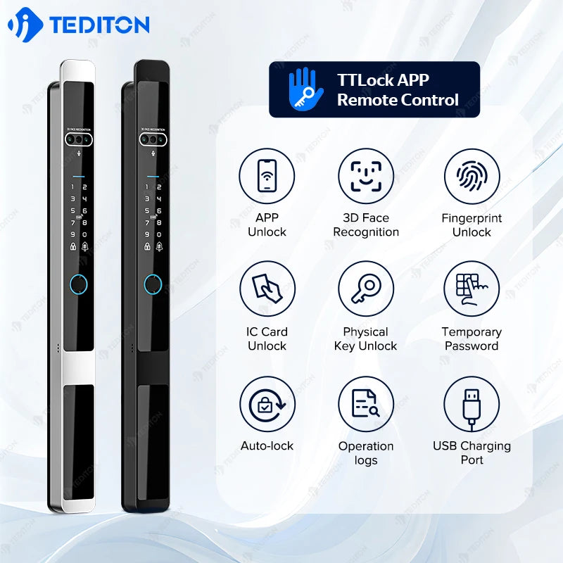 Tediton TTlock 3D Face Recognition Intelligent Gate Sliding Aluminum Alloy Glass Door Fingerprint Waterproof Smart Locks