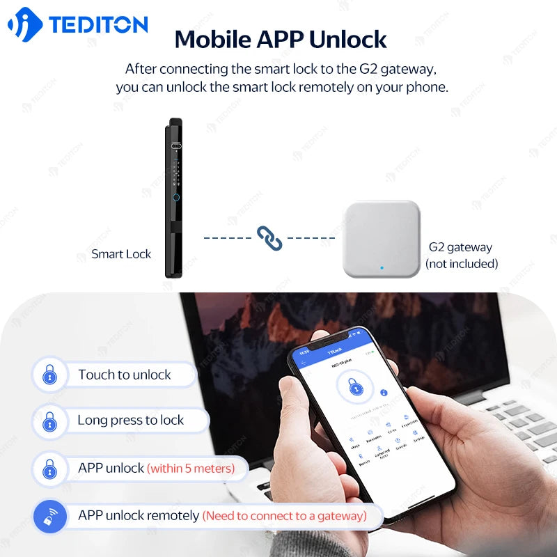 Tediton TTlock 3D Face Recognition Intelligent Gate Sliding Aluminum Alloy Glass Door Fingerprint Waterproof Smart Locks