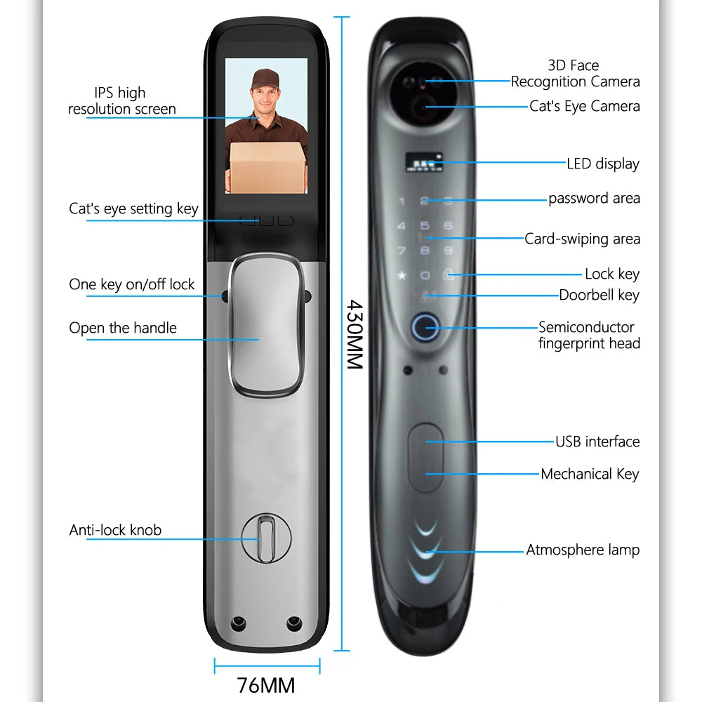 3D Face Automatic Smart Locks for Front Door Electronic Keypad Smart Tuya Wifi Smart Door Lock with Camera and Fingerprint