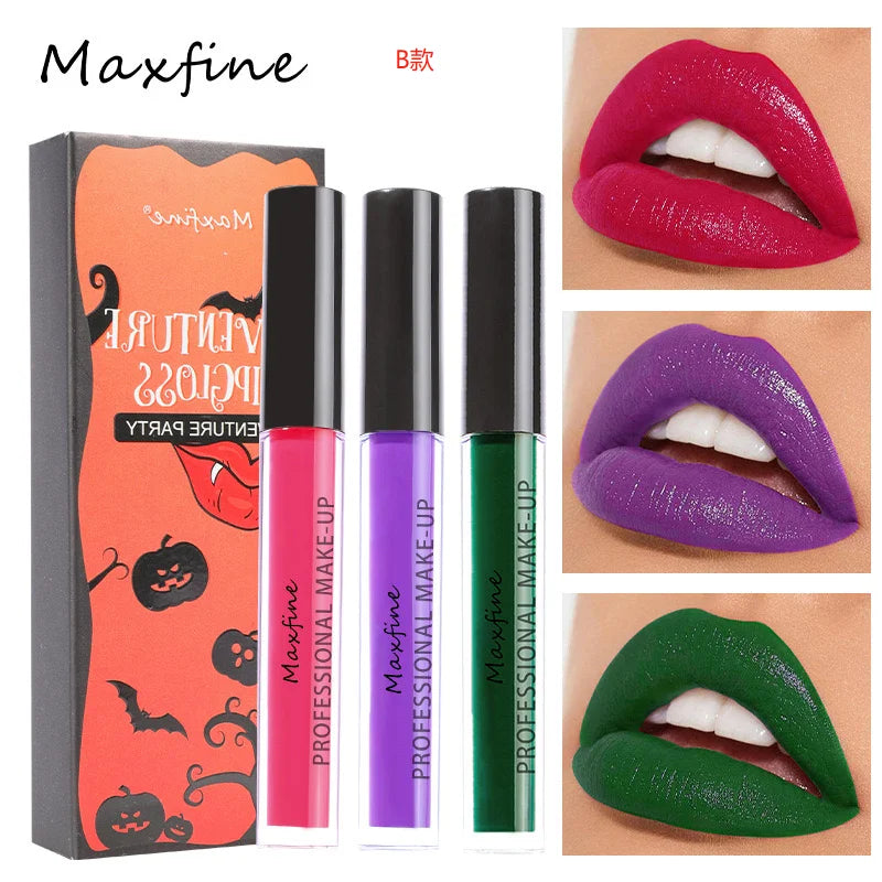 3 pcs Goth Halloween Lip Set Waterproof Lip Gloss Kit Pigmented Long Lasting Lipstick Cosmetic Products Makeup for Women & Girls
