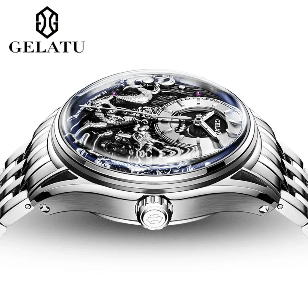 Gelatu 6018 Mens Style Automatic Mechanical Wristwatch 3D Dragon Waterproof Luminous Hands Stainless Steel Strap Watches for Men