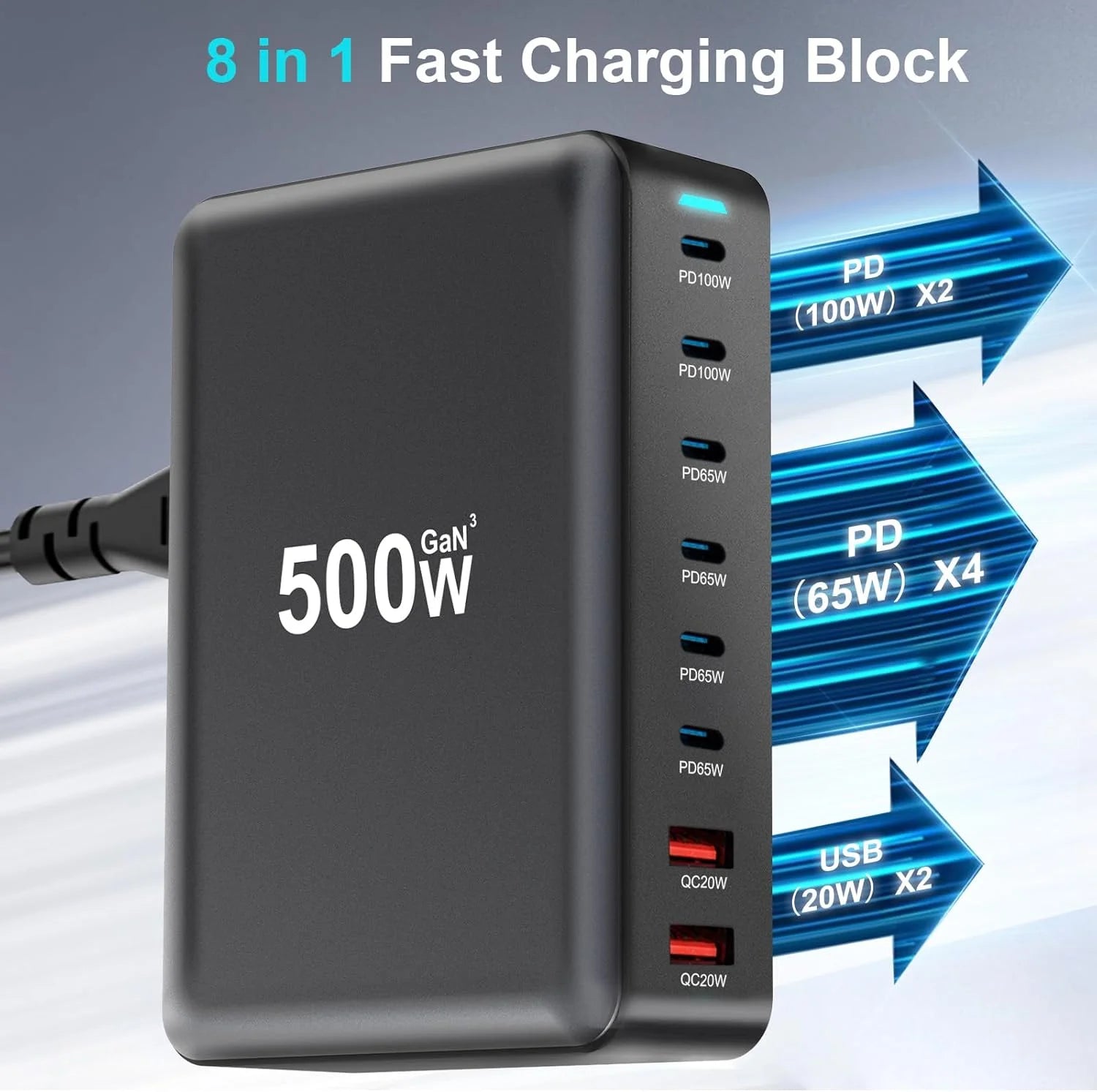 8 Port USB Charging Station 500W GaN USB C Fast Charger Block with 100W PD PPS Port SCP Function Fast Charging Laptop Charger