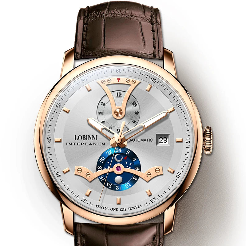 For LOBINNI High Quality Mechanical Men's Watch Famous Designer Brand Stainless Steel Leather Strap Year Date Display Classic