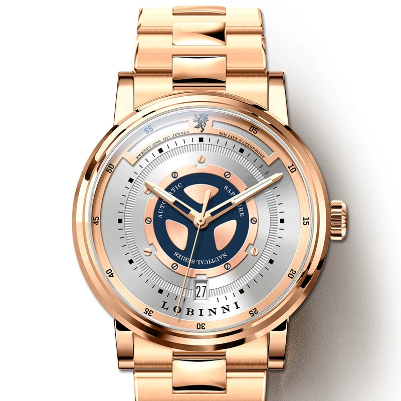 For LOBINNI High Quality Mechanical Men's Watch Famous Designer Brand Stainless Steel Leather Strap Year Date Display Classic