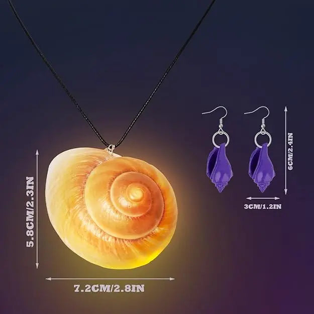 SeaShell Glow Necklace+Purple Conch Earrings Halloween Octopus Sea Witch Cosplay Costume Accessories Women, for Dress up Party