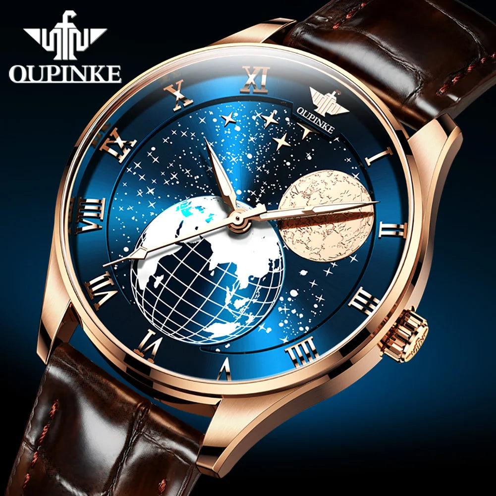 Oupinke 3177 OEM Starry Sky Moon Phase Sapphire Crystal Glass Automatic Leather Business  Male Mechanical Mens Wrist Watch