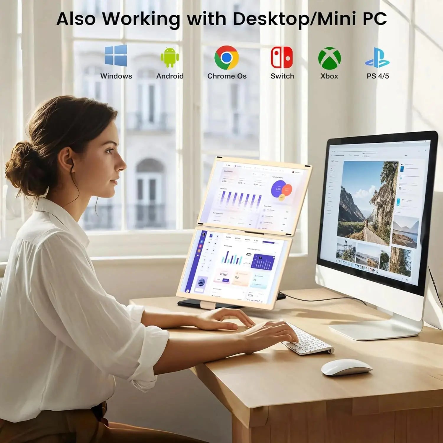 15.6"Removable Screen Laptop Screen Extender FHD 1080P IPS Triple Monitor Fit for Laptops with 360°Rotation with Stand Plug&Play