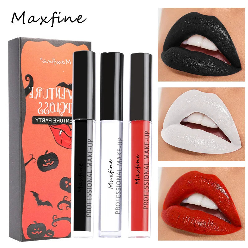 3 pcs Goth Halloween Lip Set Waterproof Lip Gloss Kit Pigmented Long Lasting Lipstick Cosmetic Products Makeup for Women & Girls