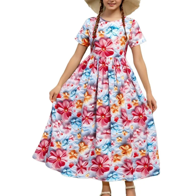 Short Summer Garden Party Elegant Midi Princess Oversized Dress for Girl