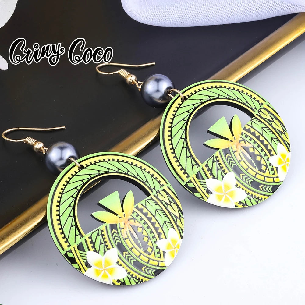 Cring Coco Women's Round Plumeria Drop Earrings Fashion Jewelry 2021 Hawaiian Flag Acrylic Resin Dangle Earring for Women Paty