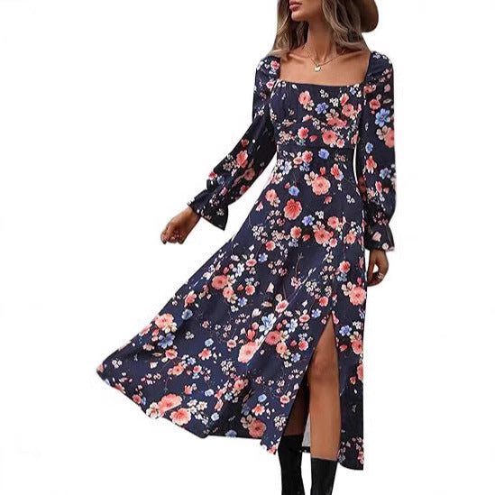 Women's 2025 Early Spring New Printed French Floral Backless Slim Long Sleeve Split Dress