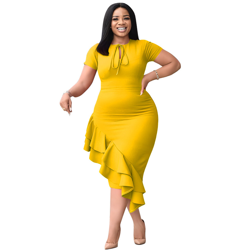 Plus size New Fashion Plus Size Women Sexy Casual Lace-up Ruffle Hem Dress