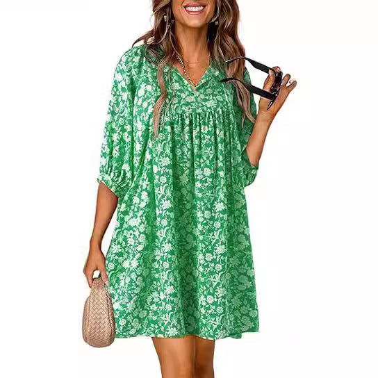 Summer Casual Bohemian Floral V-neck Print Lantern Sleeve Beach Dress