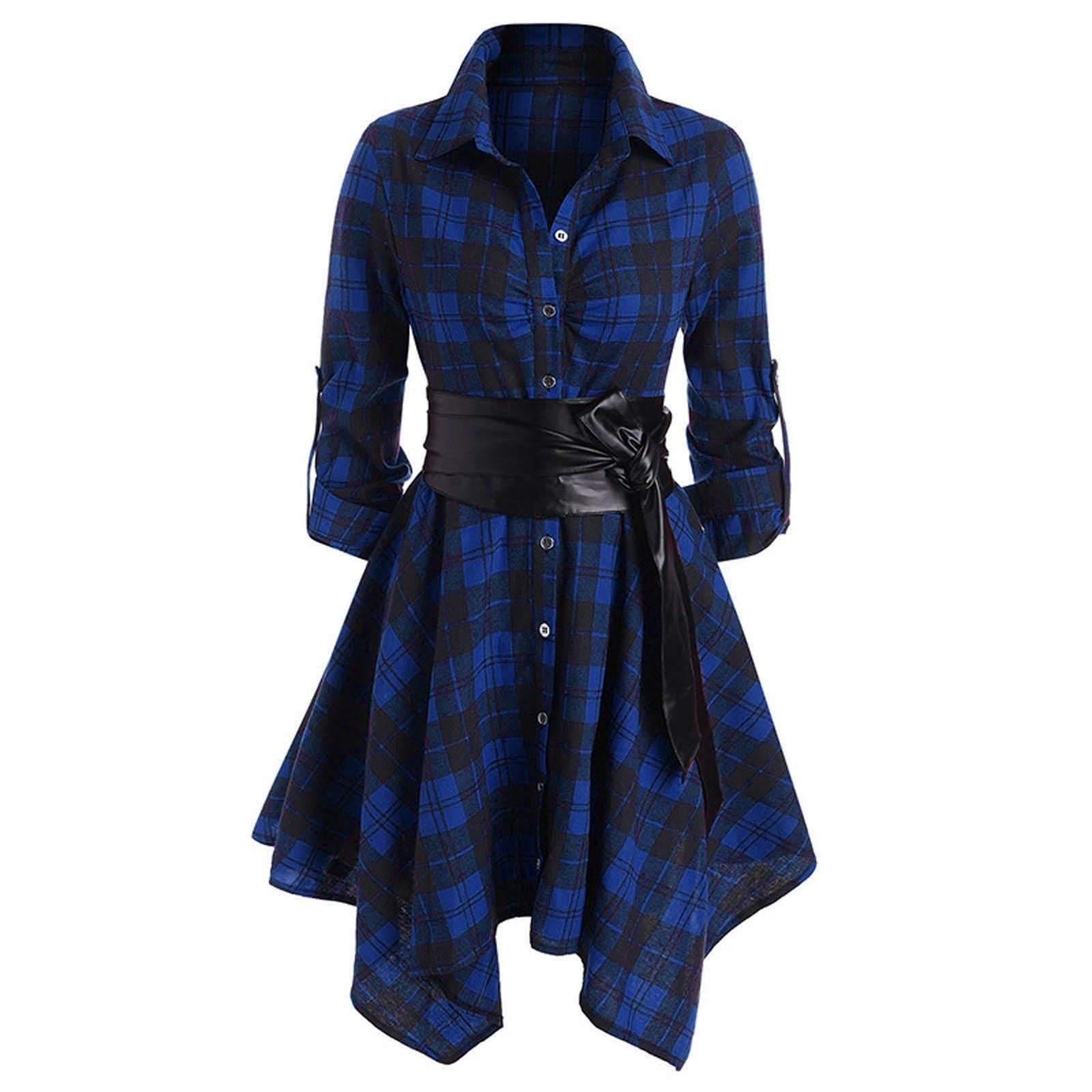 Women's Midi Long Sleeve Dress European And American Women's Plaid Belt Dress