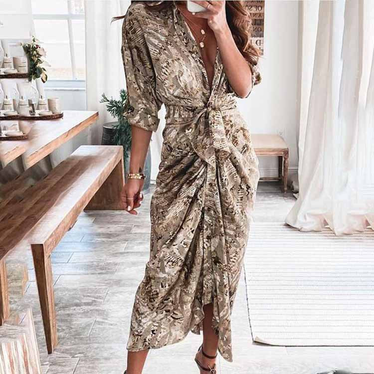 Spring European And American Women's Elegant Sexy Printed V-neck Pleated Irregular Strap Dress