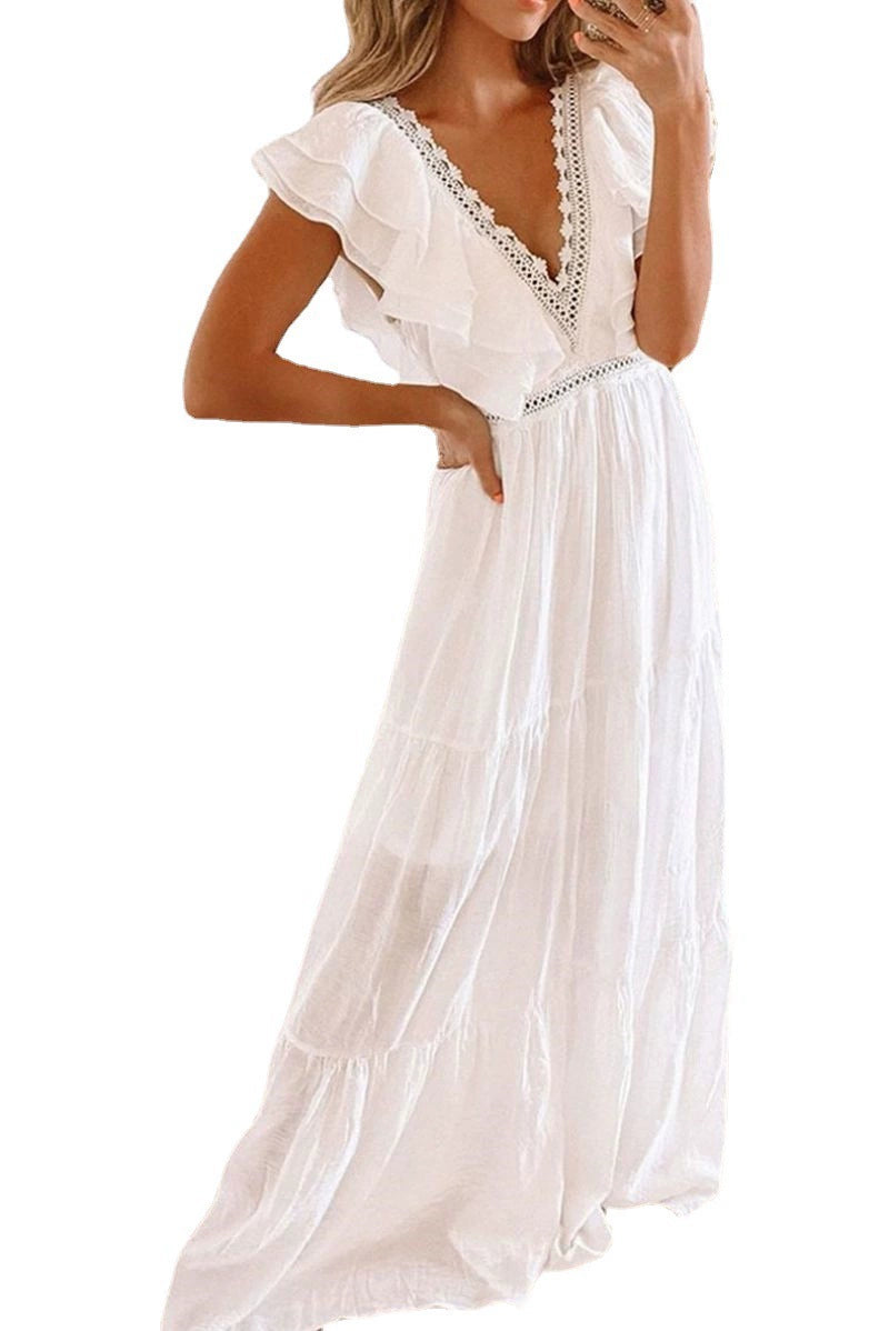 SummerLace V-Neck Short Sleeve Long Dress Lace V-Neck Long Dress