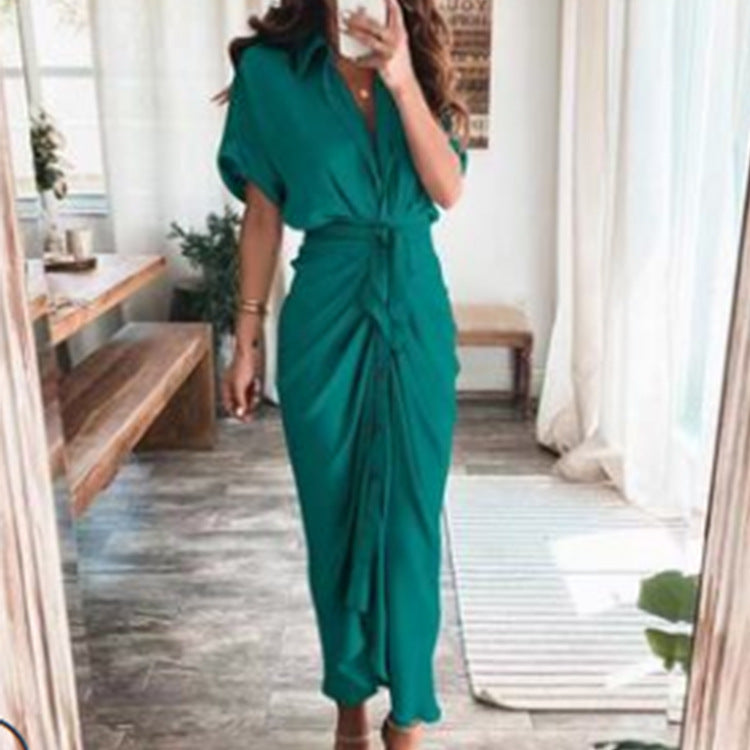 Spring European And American Women's Elegant Sexy Printed V-neck Pleated Irregular Strap Dress