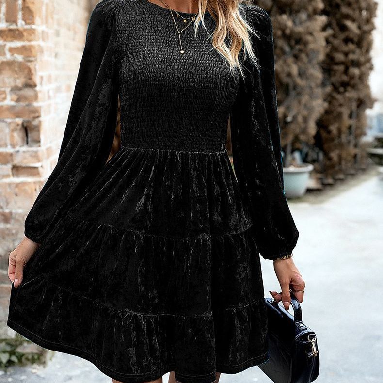 Autumn And Winter European And American Women's Velvet Dress Elegant Crewneck Midi Dress