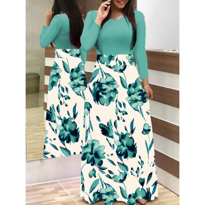 Floral Print Colorblock Long Sleeve Dress