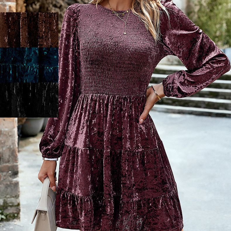Autumn And Winter European And American Women's Velvet Dress Elegant Crewneck Midi Dress