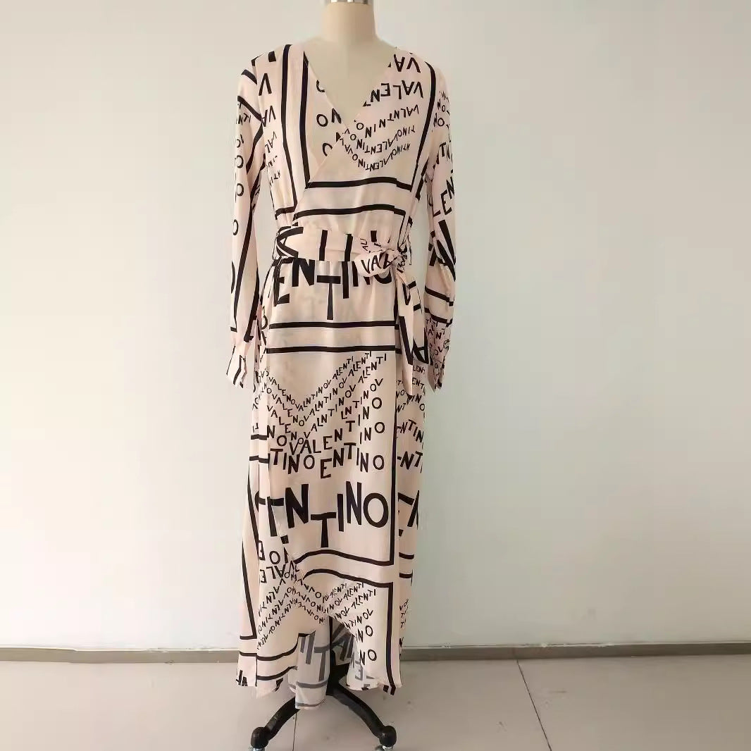 Letter Print Tight Waist Split Sexy Large Swing Dress