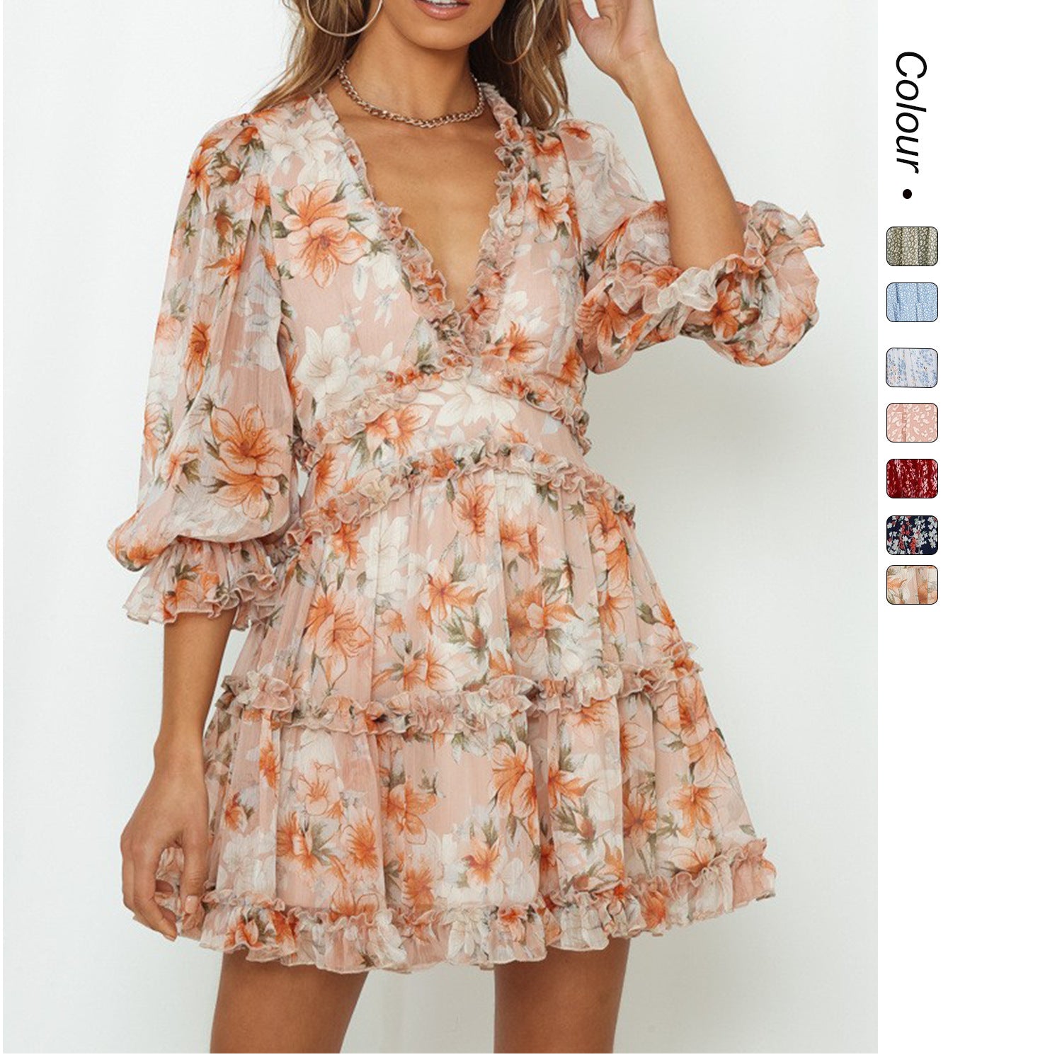 European And American Spring And Autumn New V-neck Waist Bubble Sleeve Long Sleeve Chiffon Dress