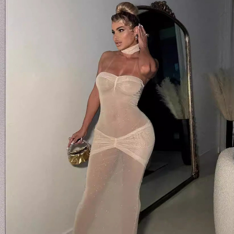 Micro-Transparent Strapless Sequin Slim-Fit Fishtail Dress