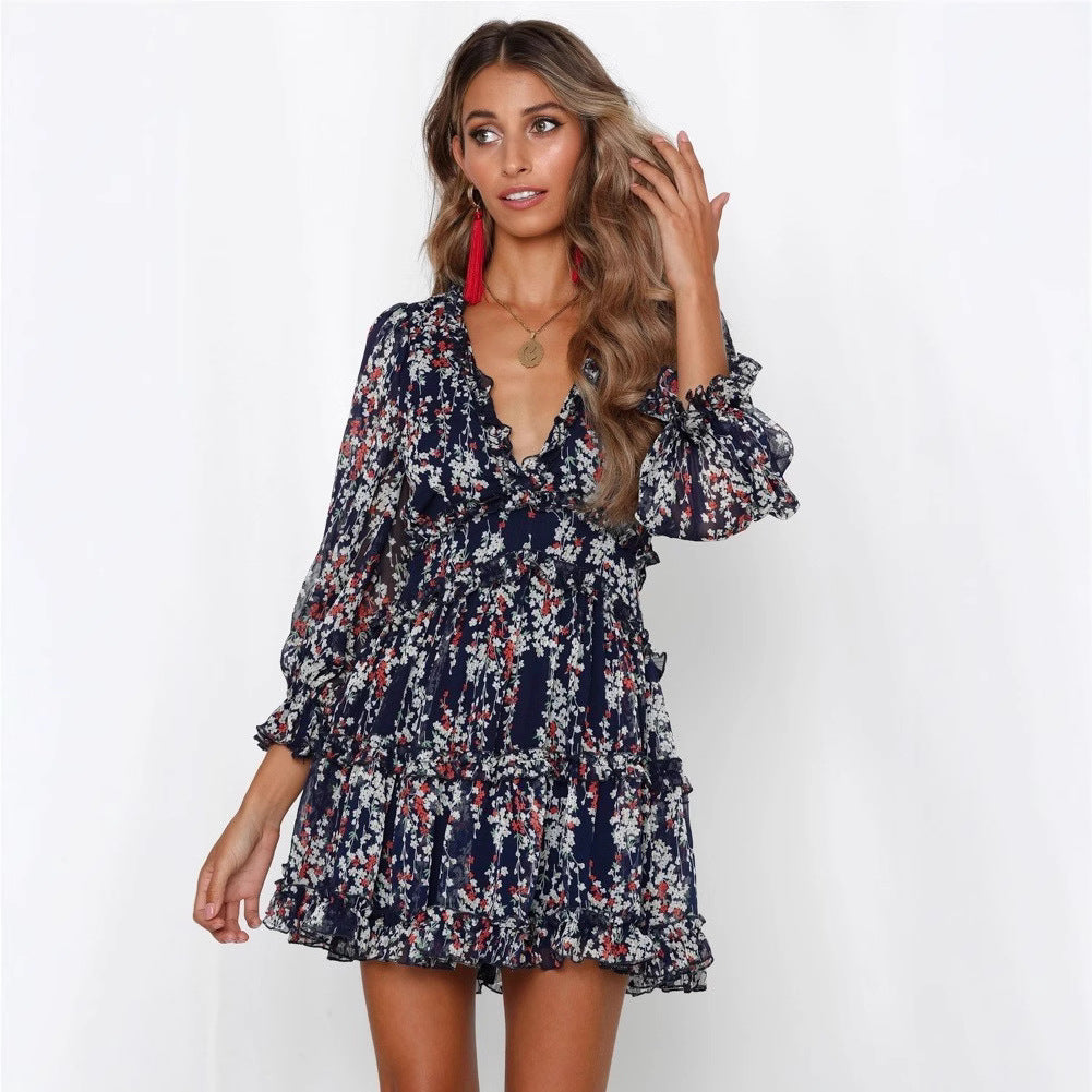 European And American Spring And Autumn New V-neck Waist Bubble Sleeve Long Sleeve Chiffon Dress