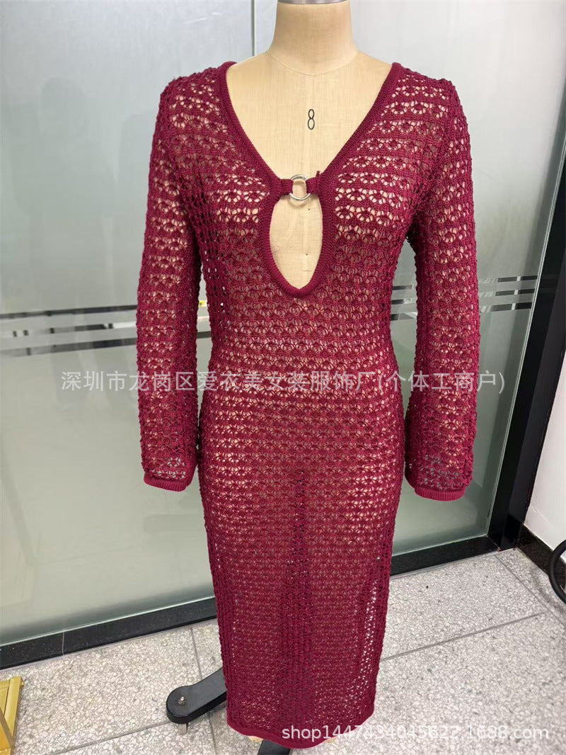 Cutout Split Beach Blouse V-Neck Horn Sleeve Long Buckle Dress