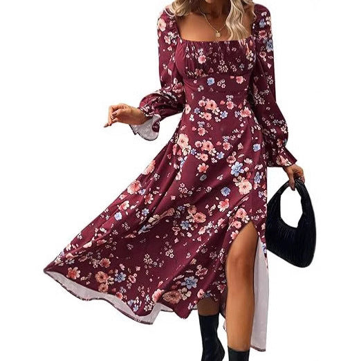 Women's 2025 Early Spring New Printed French Floral Backless Slim Long Sleeve Split Dress