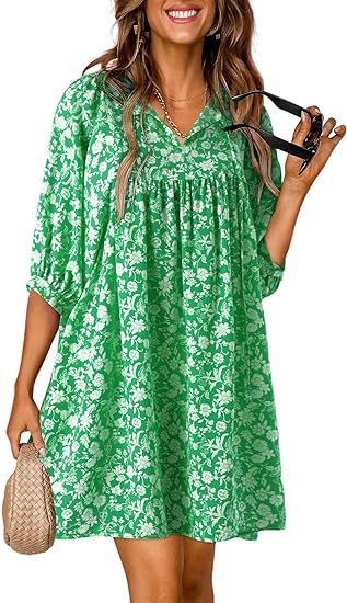Summer Casual Bohemian Floral V-neck Print Lantern Sleeve Beach Dress