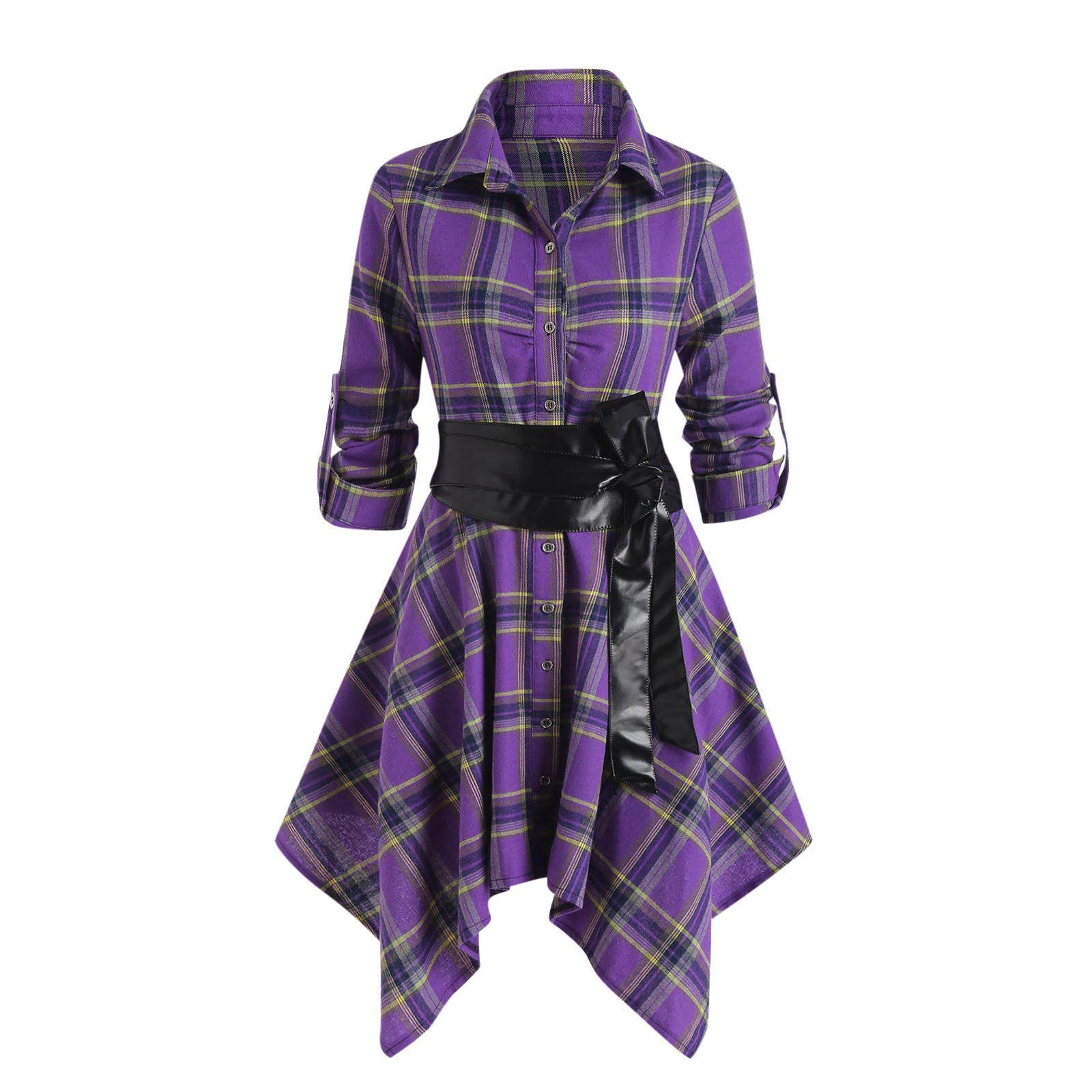 Women's Midi Long Sleeve Dress European And American Women's Plaid Belt Dress