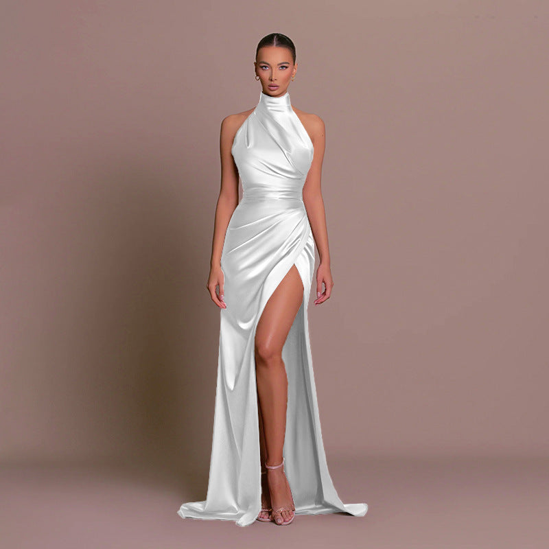 Summer New Elegant Long Dress With Vertical Collar European And American Style Neck Sleeveless Split Slimming Dress Dress