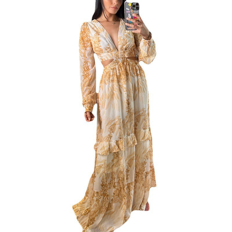 European And American Women's New Foreign Trade Dress Commuter Hollow V-Neck Floral High Waist Large Dress