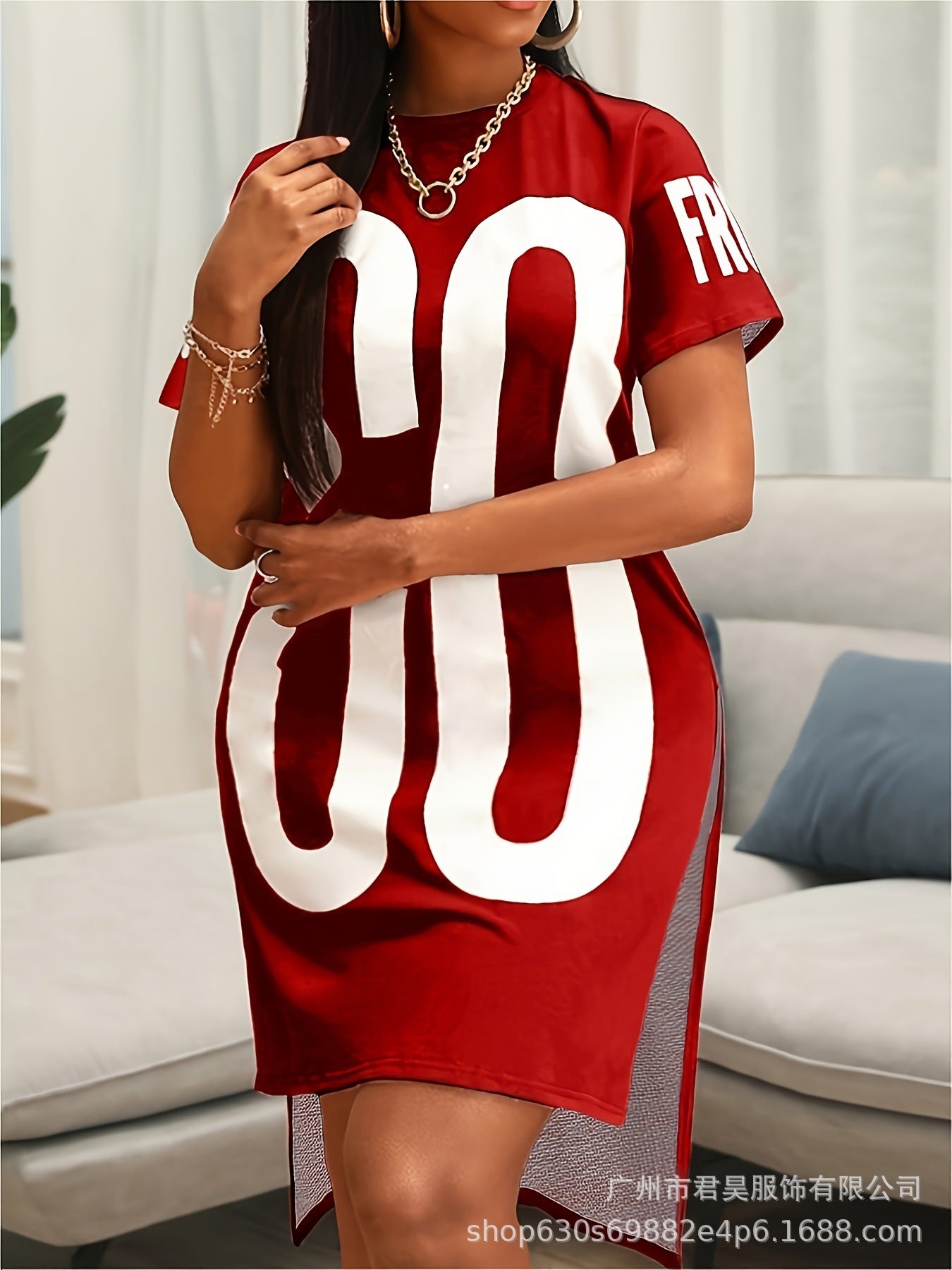 Plus Size Spring And Summer New European And American Letter Printing Round Neck Short Sleeve Slit Women's Large Size Dress