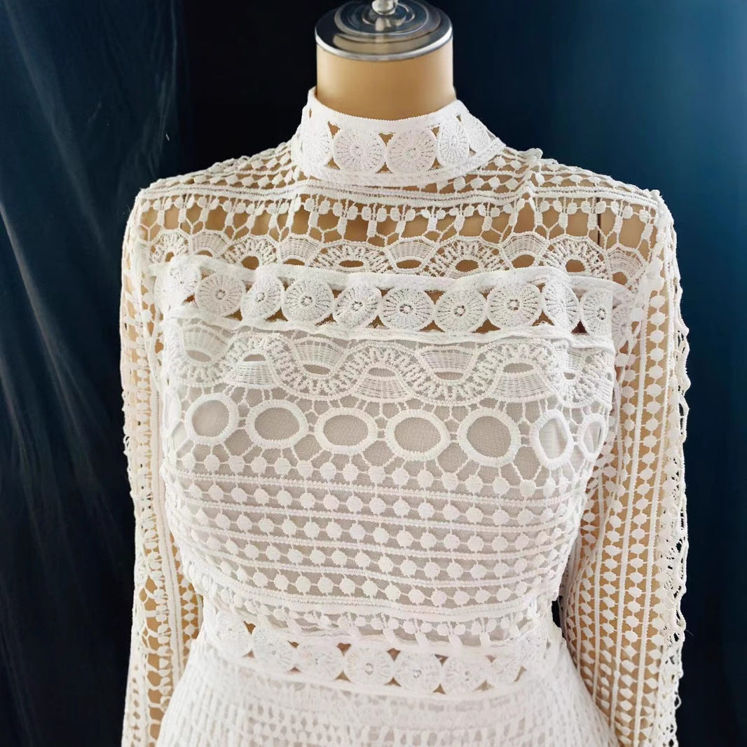 European And American White Mini Stitching Lace Hollow Dress