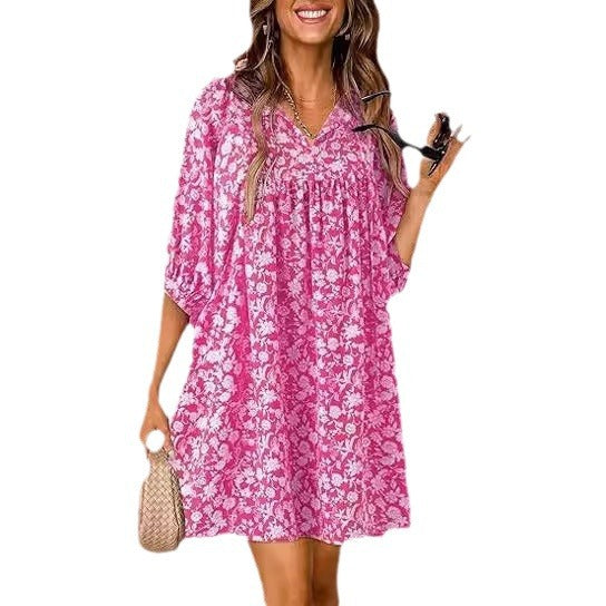 Summer Casual Bohemian Floral V-neck Print Lantern Sleeve Beach Dress