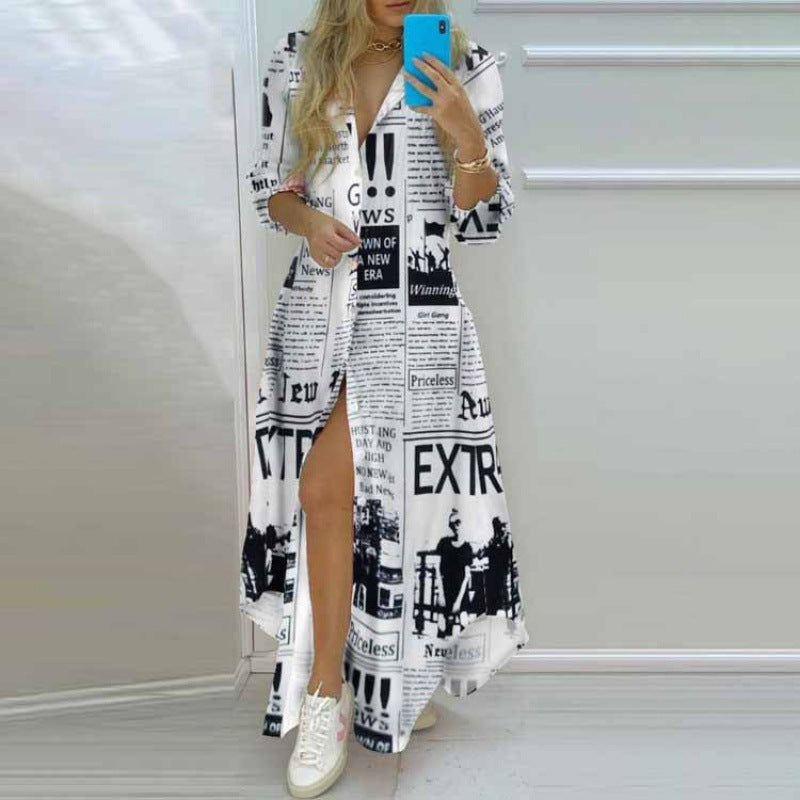 Spring Women's Elegant Printed Single-Breasted Split Shirt Dress Dress
