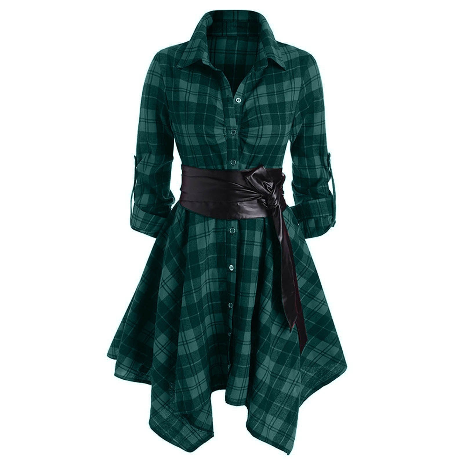 Women's Midi Long Sleeve Dress European And American Women's Plaid Belt Dress