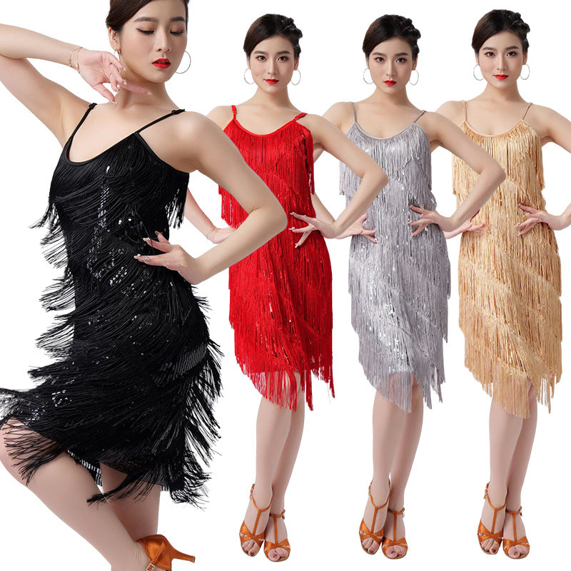 Adult Latin Dance Spring Sequin Tassel Skirt Dance Dress Party Skirt