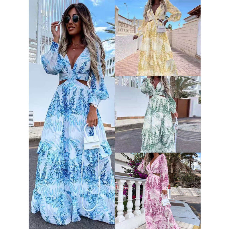 European And American Women's New Foreign Trade Dress Commuter Hollow V-Neck Floral High Waist Large Dress