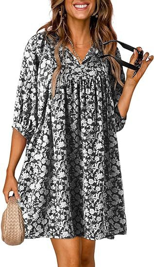 Summer Casual Bohemian Floral V-neck Print Lantern Sleeve Beach Dress