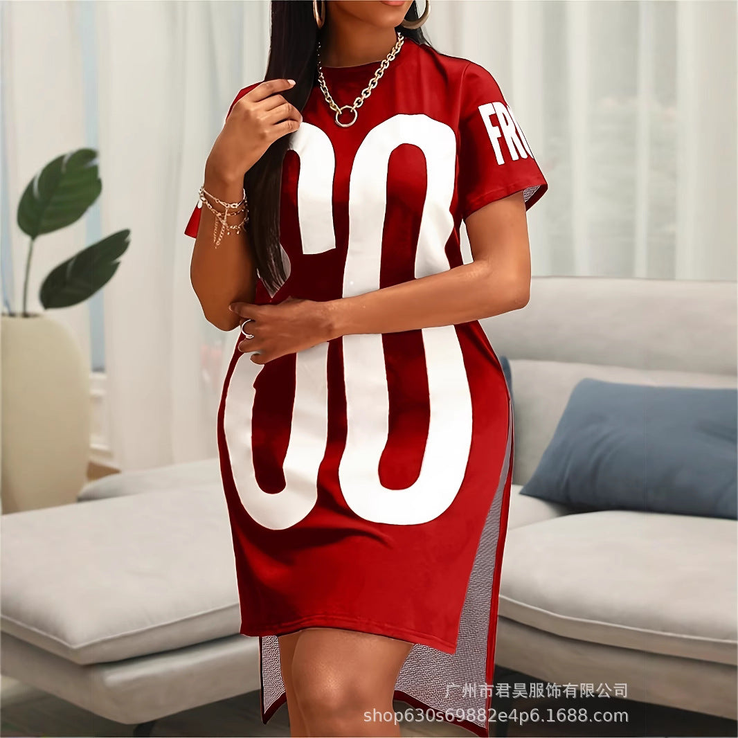 Plus Size Spring And Summer New European And American Letter Printing Round Neck Short Sleeve Slit Women's Large Size Dress