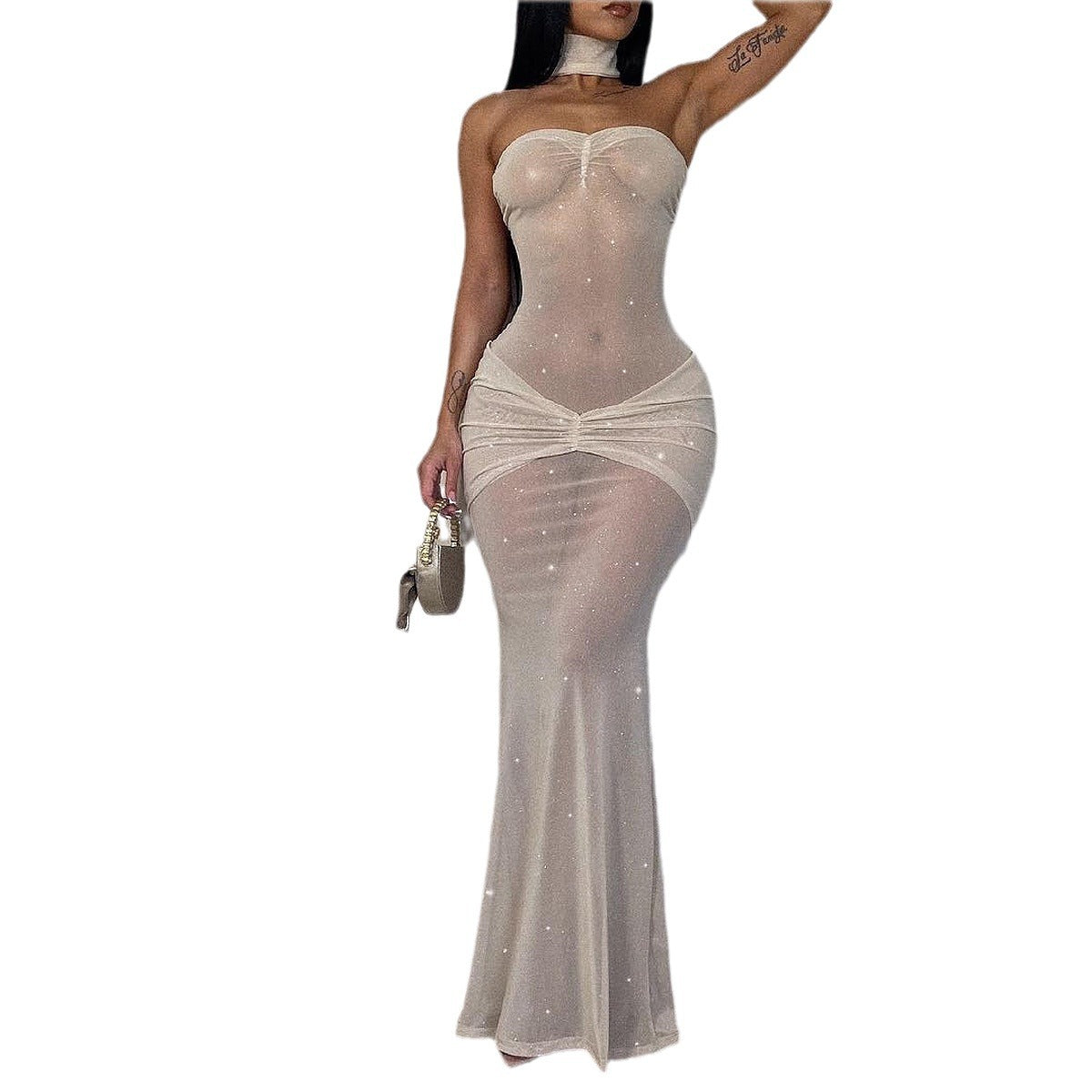 Micro-Transparent Strapless Sequin Slim-Fit Fishtail Dress