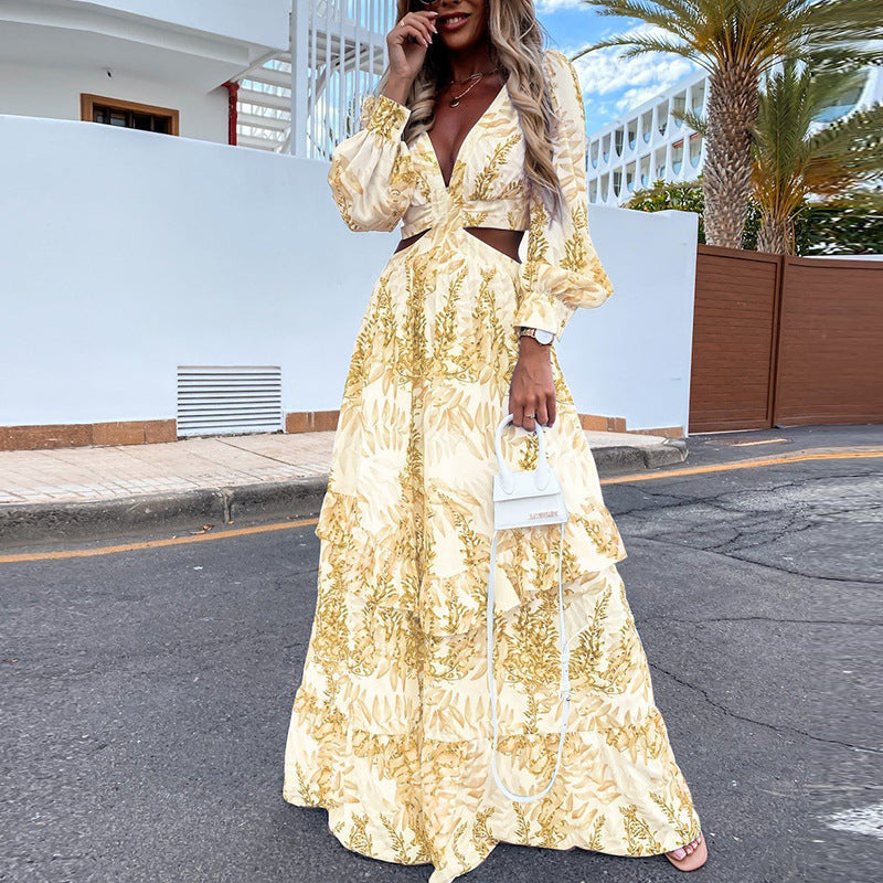 European And American Women's New Foreign Trade Dress Commuter Hollow V-Neck Floral High Waist Large Dress