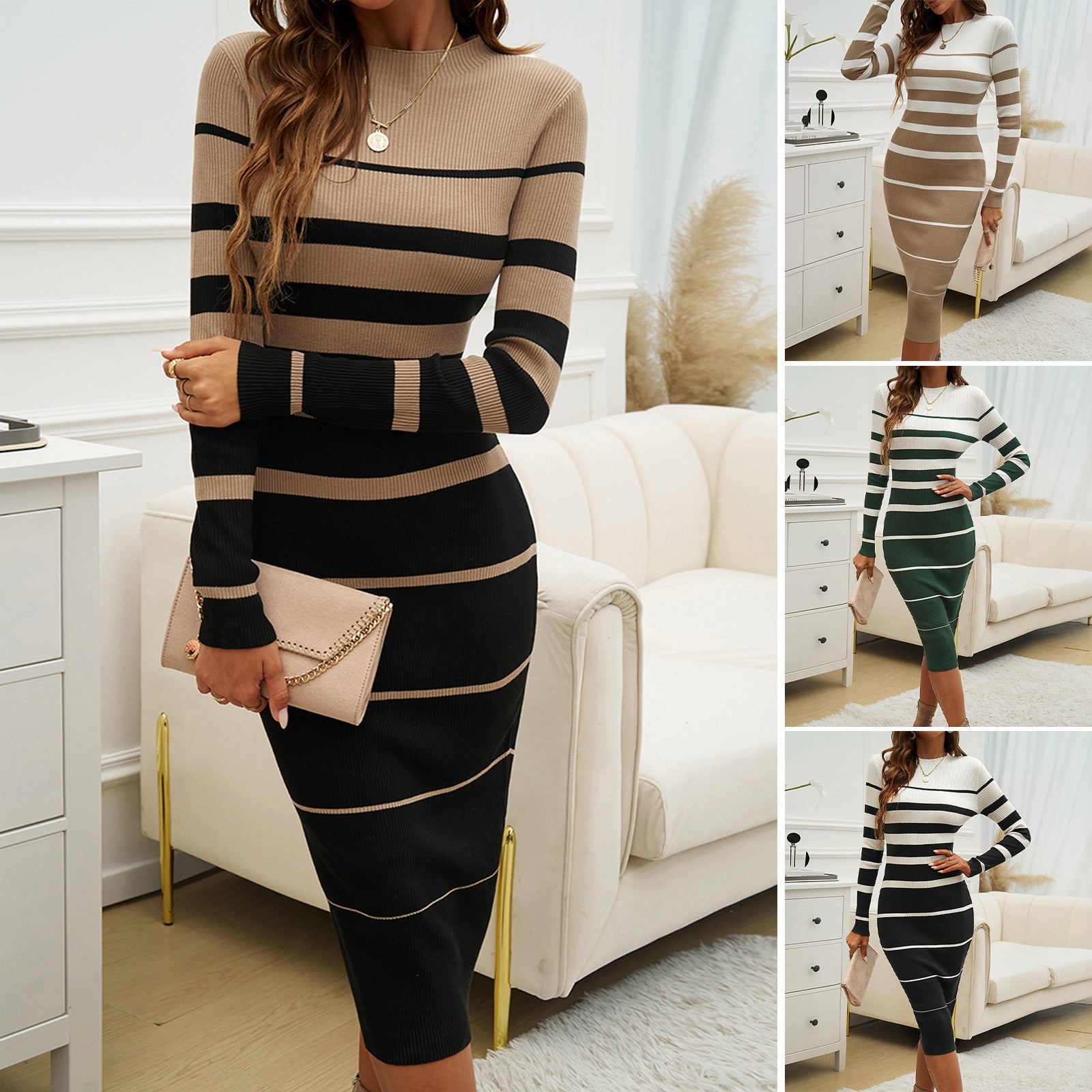 Autumn And Winter Women's Elegant Slim-fit Color-contrast Long-sleeve Dress