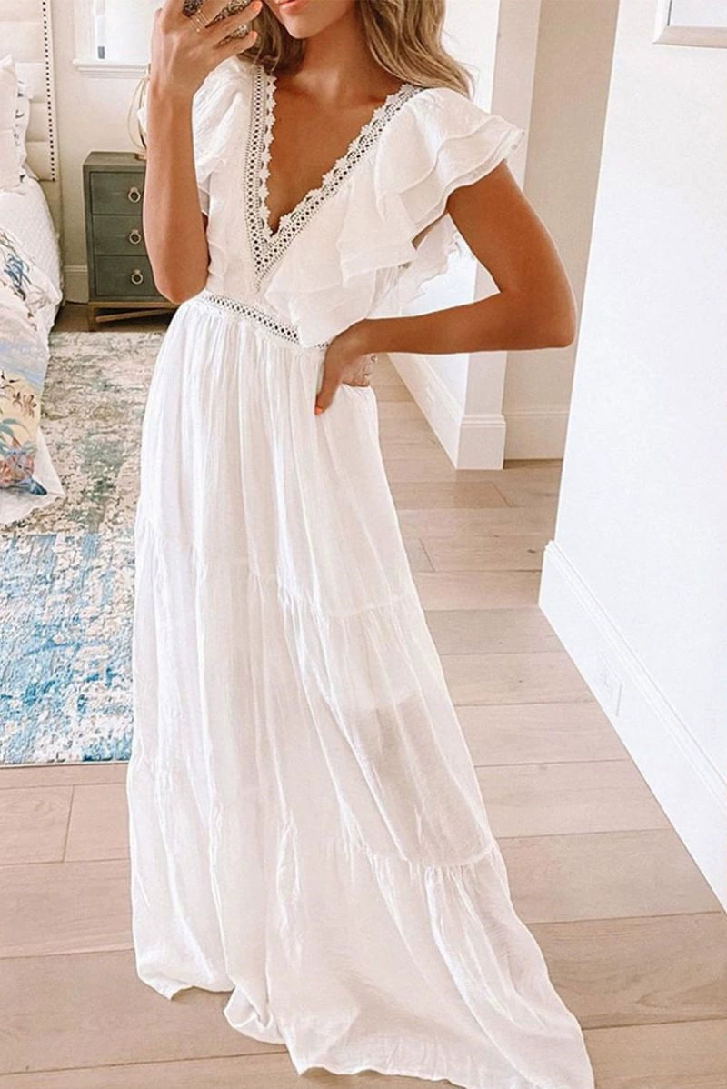 SummerLace V-Neck Short Sleeve Long Dress Lace V-Neck Long Dress